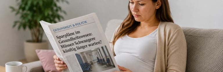 Pregnant woman sitting on couch reading newspaper with headline and images visible