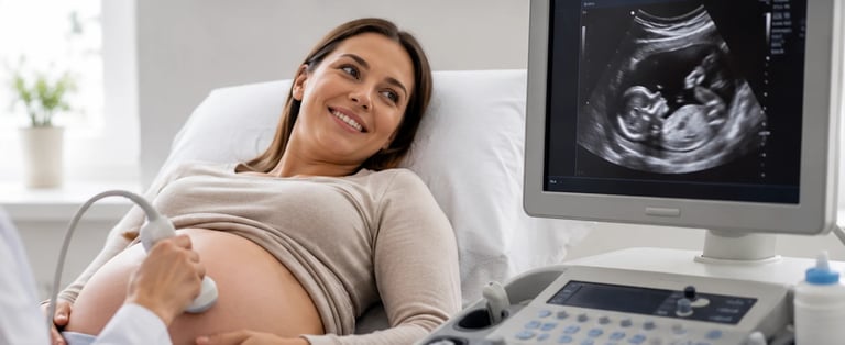 Pregnant woman smiling during ultrasound examination with ultrasound machine and monitor visible in medical clinic