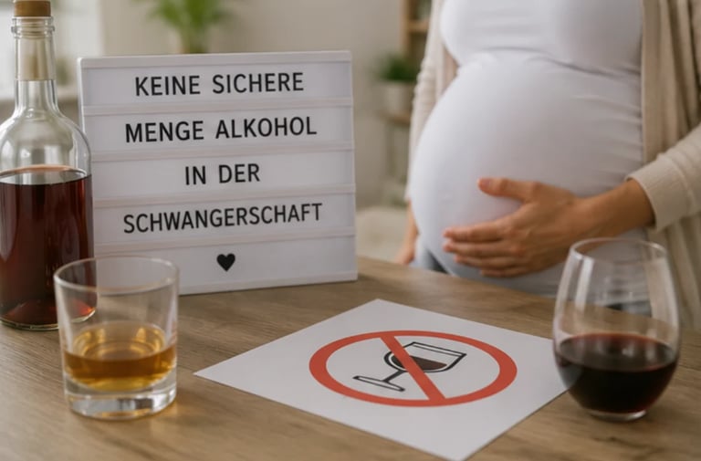 Pregnant woman with hand on belly next to warning sign and alcohol bottles, emphasizing no alcohol during pregnancy