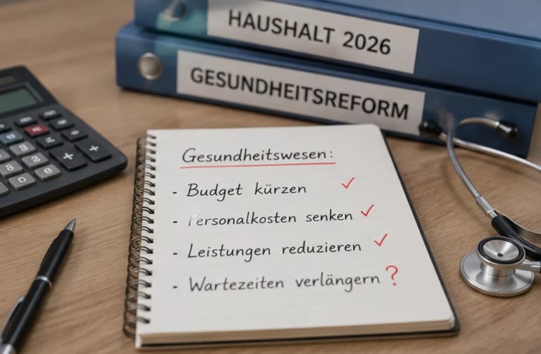Notebook with healthcare notes including budget reduction, personnel costs, and waiting times on desk with stethoscope and calculator