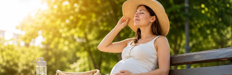 Pregnant woman in white shirt and straw hat relaxing on a park bench outdoors