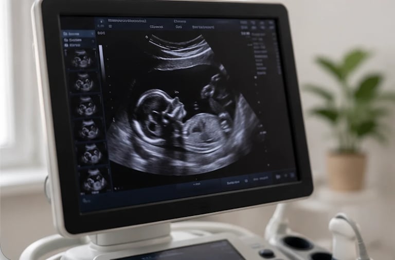 Ultrasound machine displaying fetal ultrasound images on monitor in medical office