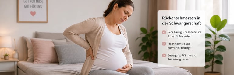 Pregnant woman sitting on couch holding lower back with text about back pain relief during pregnancy