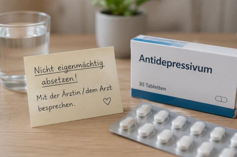 Antidepressant medication box with blister pack of pills next to a handwritten German note on a wooden desk