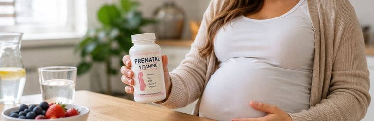 Pregnant woman holding prenatal vitamin bottle with one hand on belly, healthy fruits and water on table