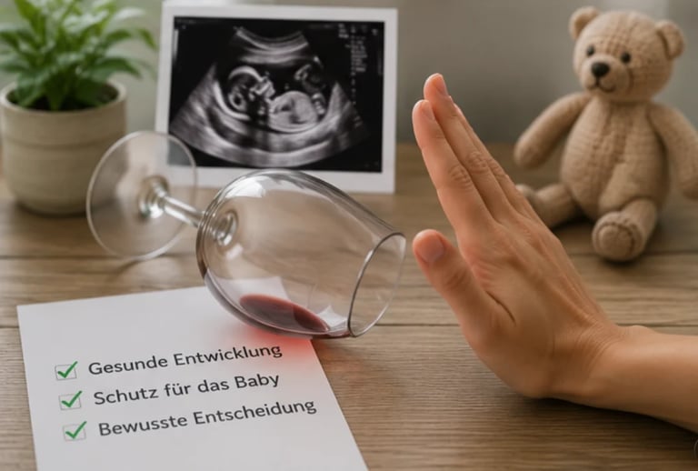 Hand refusing wine glass on desk with pregnancy checklist, ultrasound image, teddy bear, and potted plant