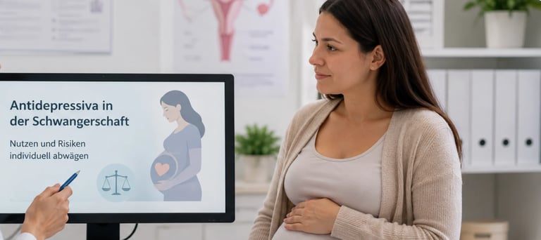 Healthcare professional explaining antidepressants in pregnancy to pregnant woman using medical presentation on monitor