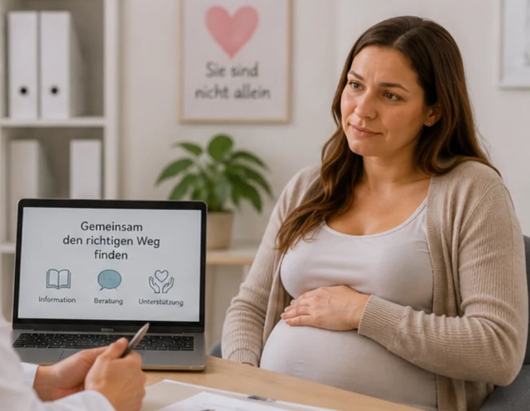 Pregnant woman with hand on belly viewing laptop screen showing German text about finding the right midwife, in home office setting