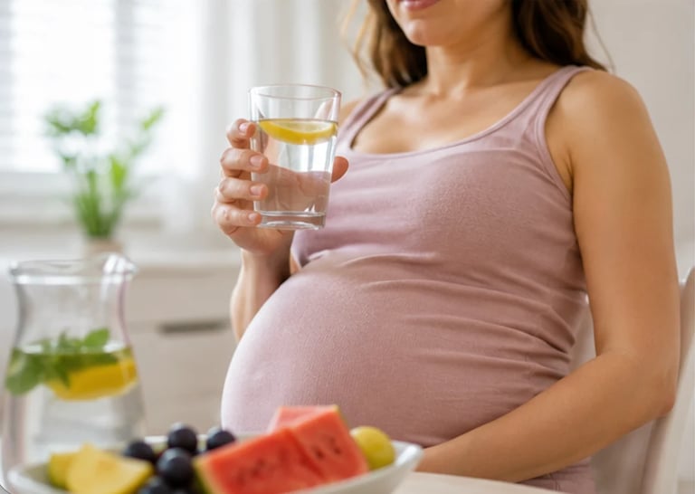 Pregnant woman holding a glass of water with fresh fruits and pitcher in the background