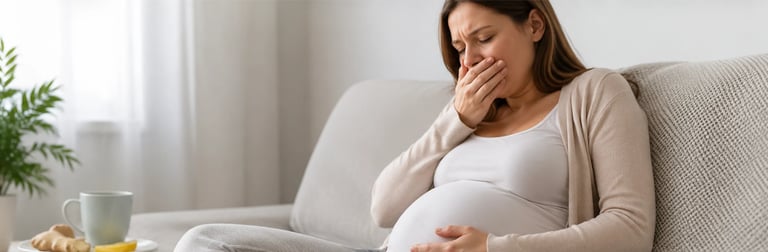 Pregnant woman sitting on couch with hand over mouth, looking unwell or experiencing nausea
