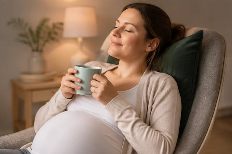 Pregnant woman sitting in chair holding warm beverage in cozy living room with lamp and plants