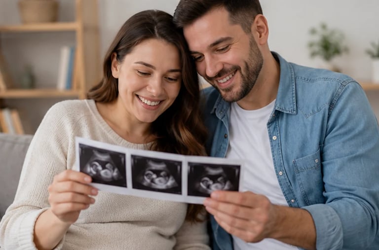 Happy couple smiling while holding ultrasound images together in their home