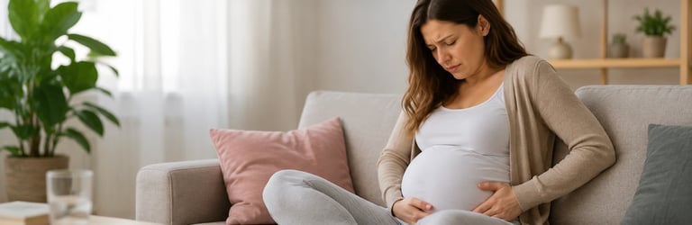 Pregnant woman sitting on couch touching her belly in bright living room with plants