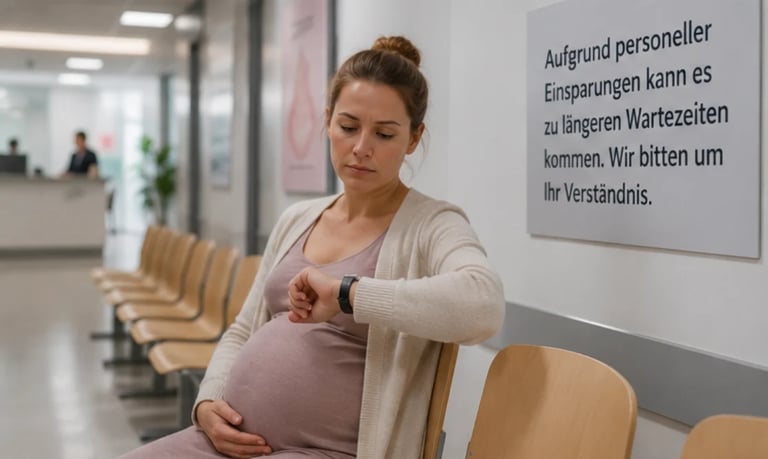 Pregnant woman in waiting room checking her watch while seated next to empty chairs and a German-language sign on the wall
