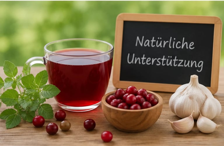 Cup of cranberry tea with fresh cranberries, garlic, mint leaves, and a chalkboard reading Natürliche Unterstützung, indicating natural immune support