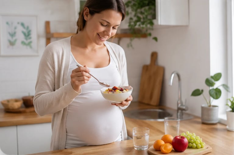Pregnant woman eating a bowl of cereal in a bright kitchen with fresh fruits on the counter