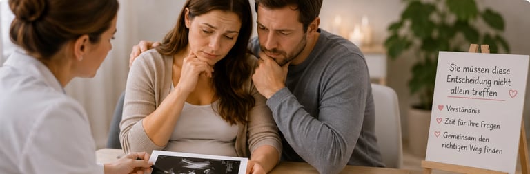 Couple looking concerned at ultrasound image during consultation with healthcare provider, with checklist visible