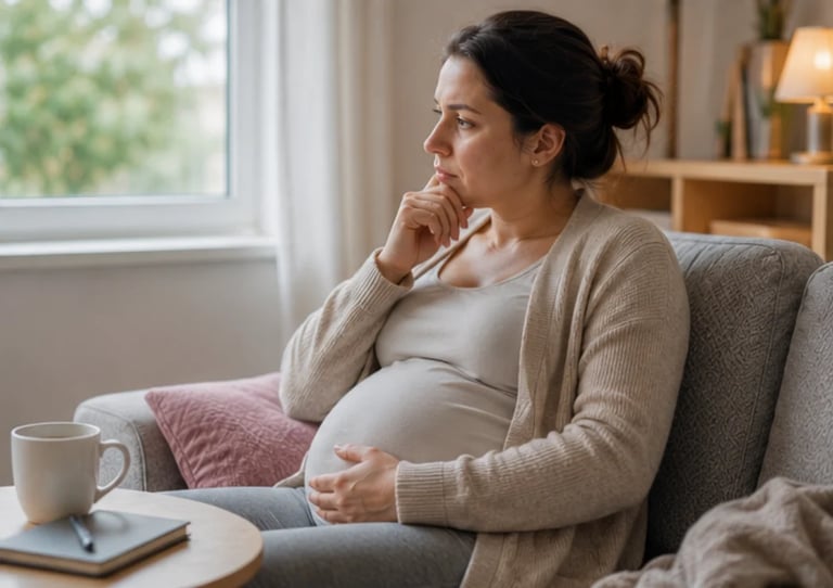 Pregnant woman sitting on couch at home, hand on belly, looking thoughtfully out window