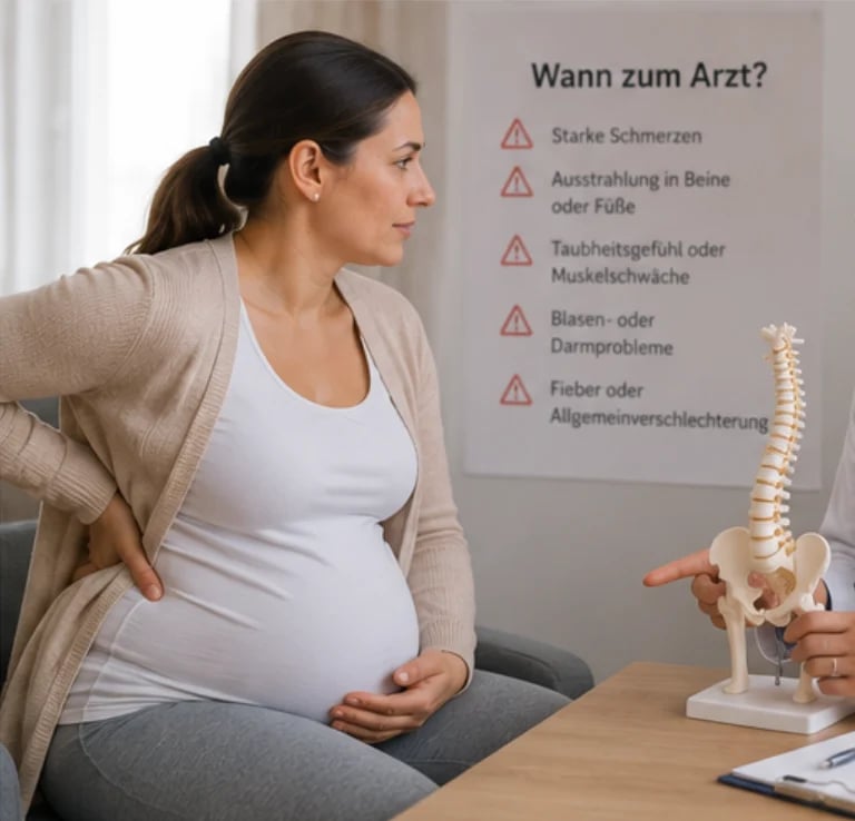 Pregnant woman holding her lower back in pain, examining a spine model at a table with German text about when to see a doctor.