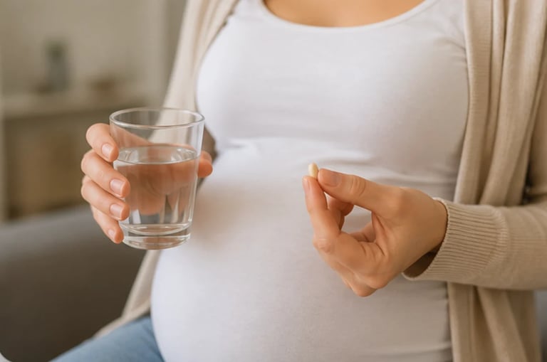 Pregnant woman holding a glass of water and a pill, representing prenatal vitamins or pregnancy health supplements
