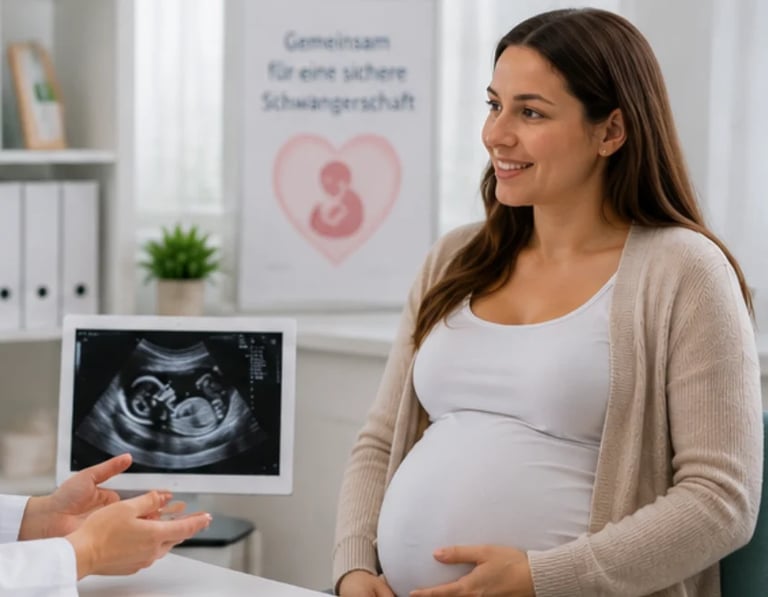 Pregnant woman looking at ultrasound image with healthcare provider in medical office