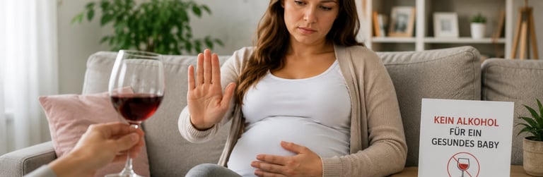 Pregnant woman refusing glass of wine with hand gesture and no alcohol sign visible on table