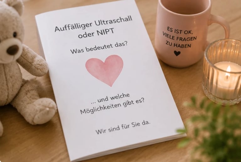 German pregnancy announcement card with pink heart on wooden surface beside teddy bear, candle, and ceramic mug