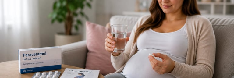 Pregnant woman holding glass of water and paracetamol pill with medication box visible on table