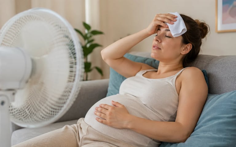 Pregnant woman sitting on couch wiping forehead with tissue while a fan blows in front of her
