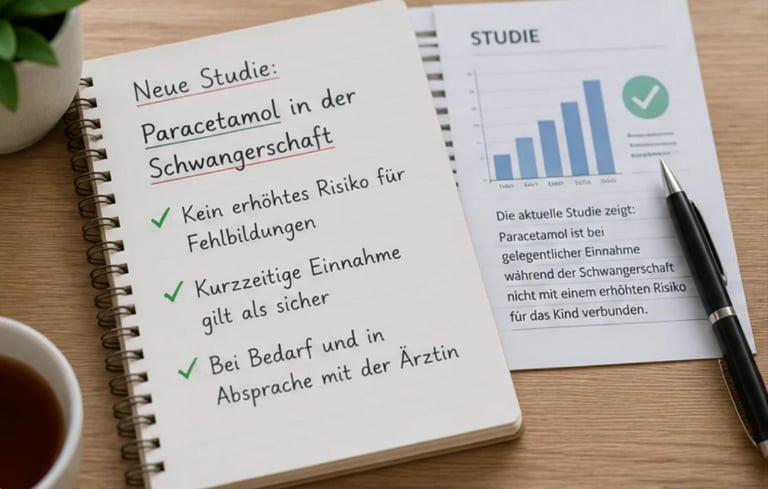 German notebook with study notes about paracetamol in pregnancy, including checkmarks and a bar chart with green checkmark on wooden desk