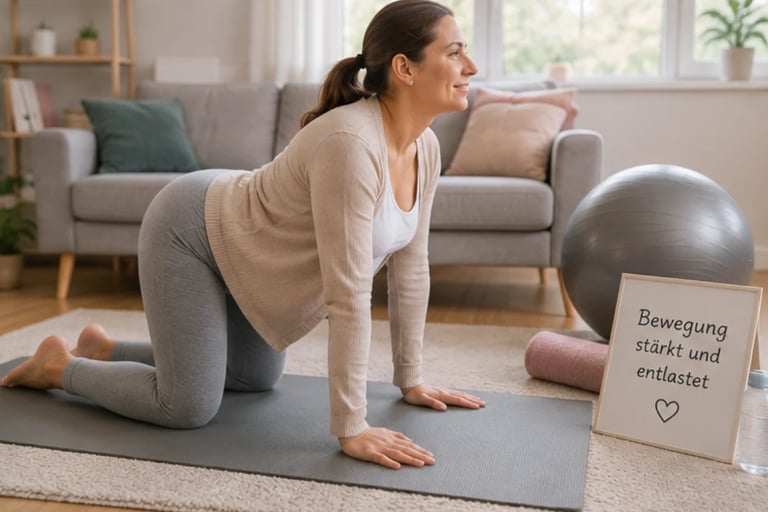 Woman performing a yoga or pilates exercise on a mat in her living room with motivational sign and exercise ball nearby