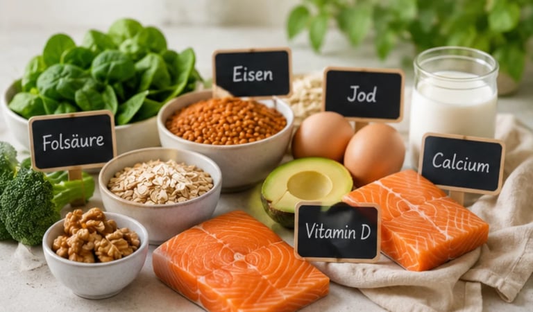 Various nutrient-rich foods including salmon, eggs, avocado, leafy greens, nuts, legumes, oats, and milk labeled with German nutrient names like Eisen, Jod, Calcium, and Vitamin D.